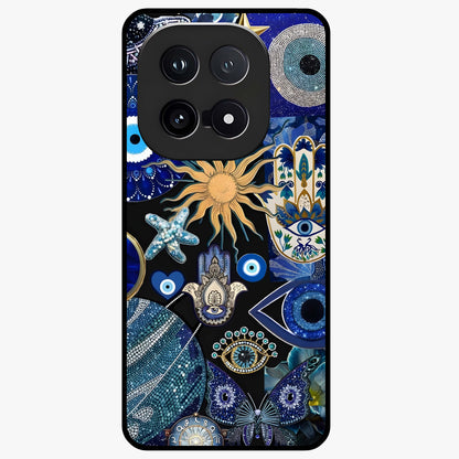 Evil Eye Charm Mix Glass Case showing flat back view with multiple evil eye charms artwork and glossy glass finish.