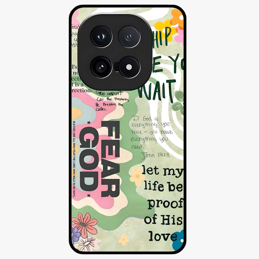 Faith Over Fear Glass Case showing flat back view with motivational typography artwork and glossy glass finish.