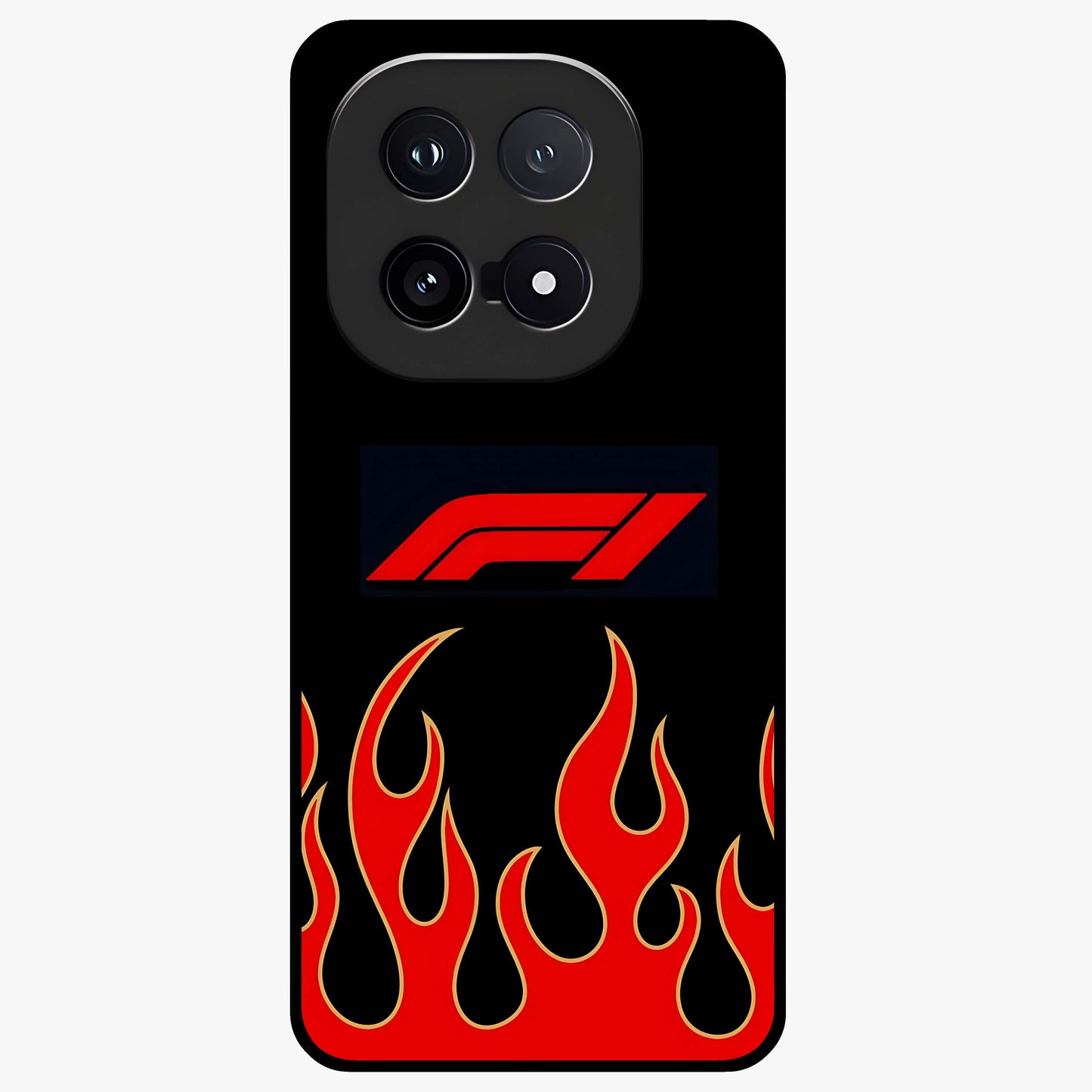 Fire F11 Glass Case showing flat back view with fiery themed artwork and glossy glass finish.