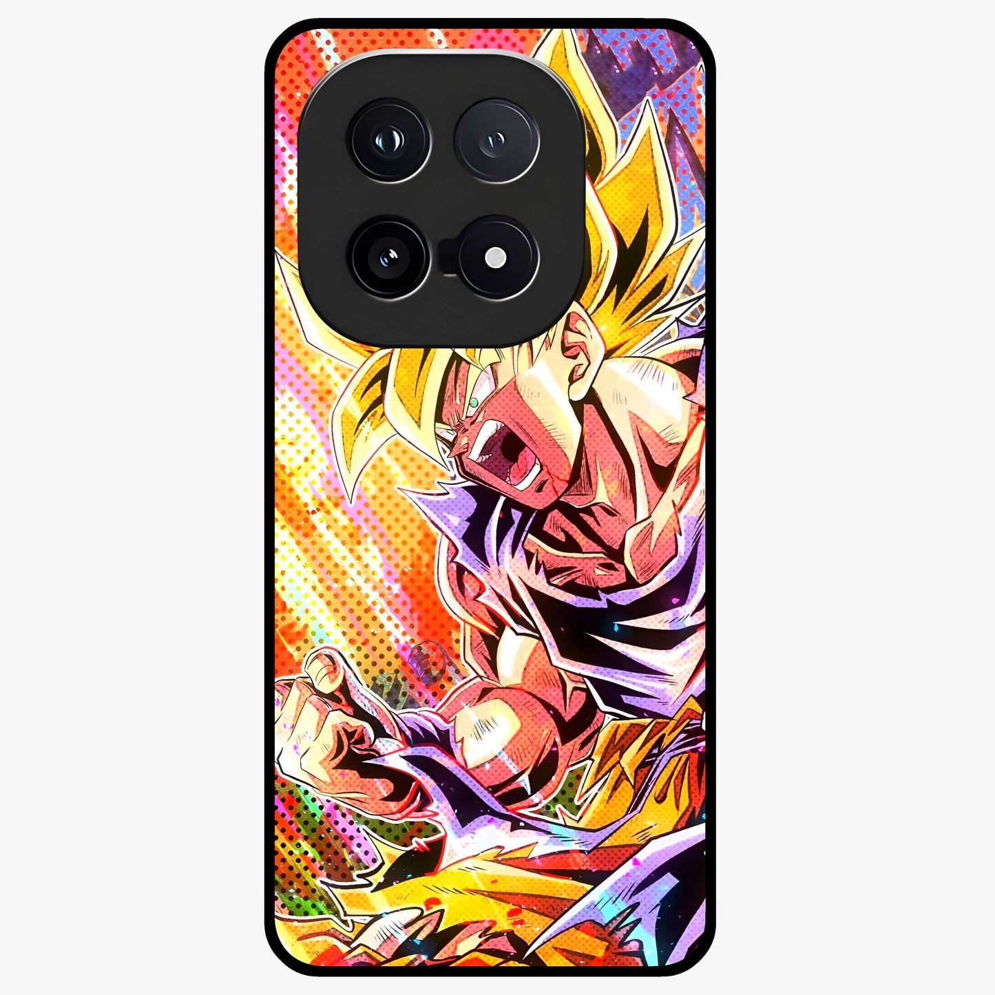 Firing Goku Glass Case showing flat back view with powerful anime inspired artwork and glossy glass finish.