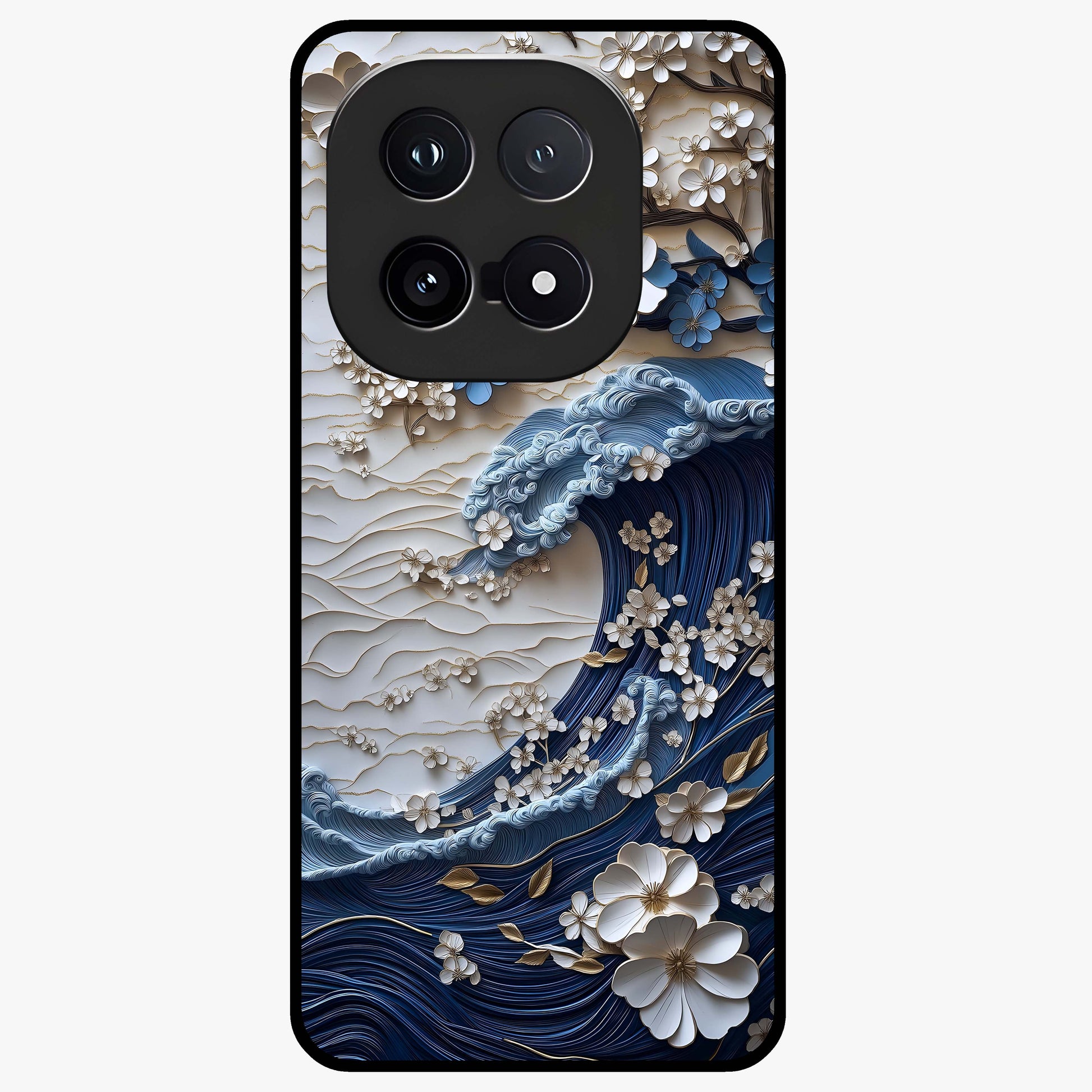 Floral Wave Origami Glass Case showing flat back view with origami inspired floral wave artwork and glossy glass finish.