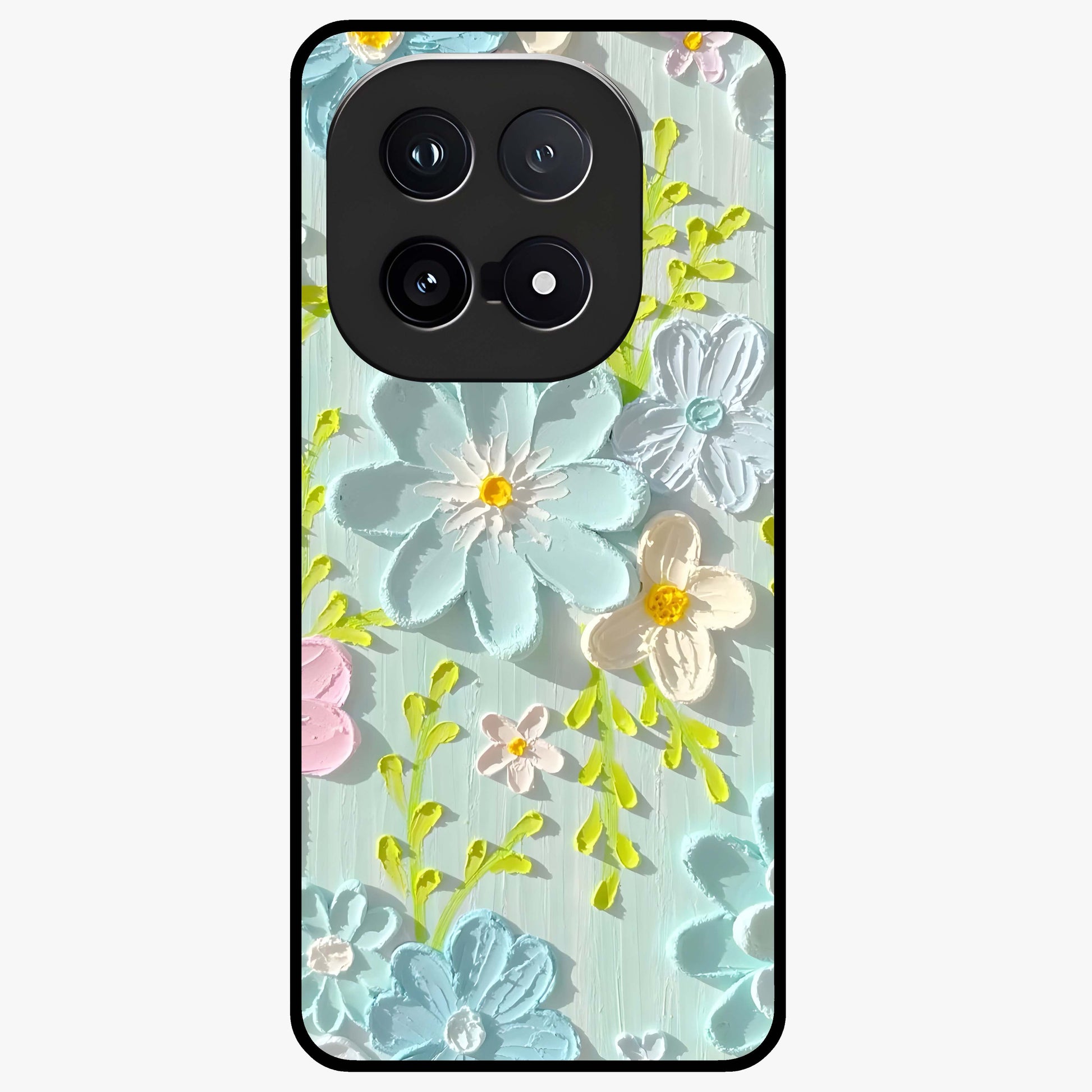 Frosted Petal Garden Glass Case showing flat back view with soft frosted floral artwork and glossy glass finish.