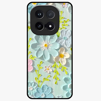 Frosted Petal Garden Glass Case showing flat back view with soft frosted floral artwork and glossy glass finish.