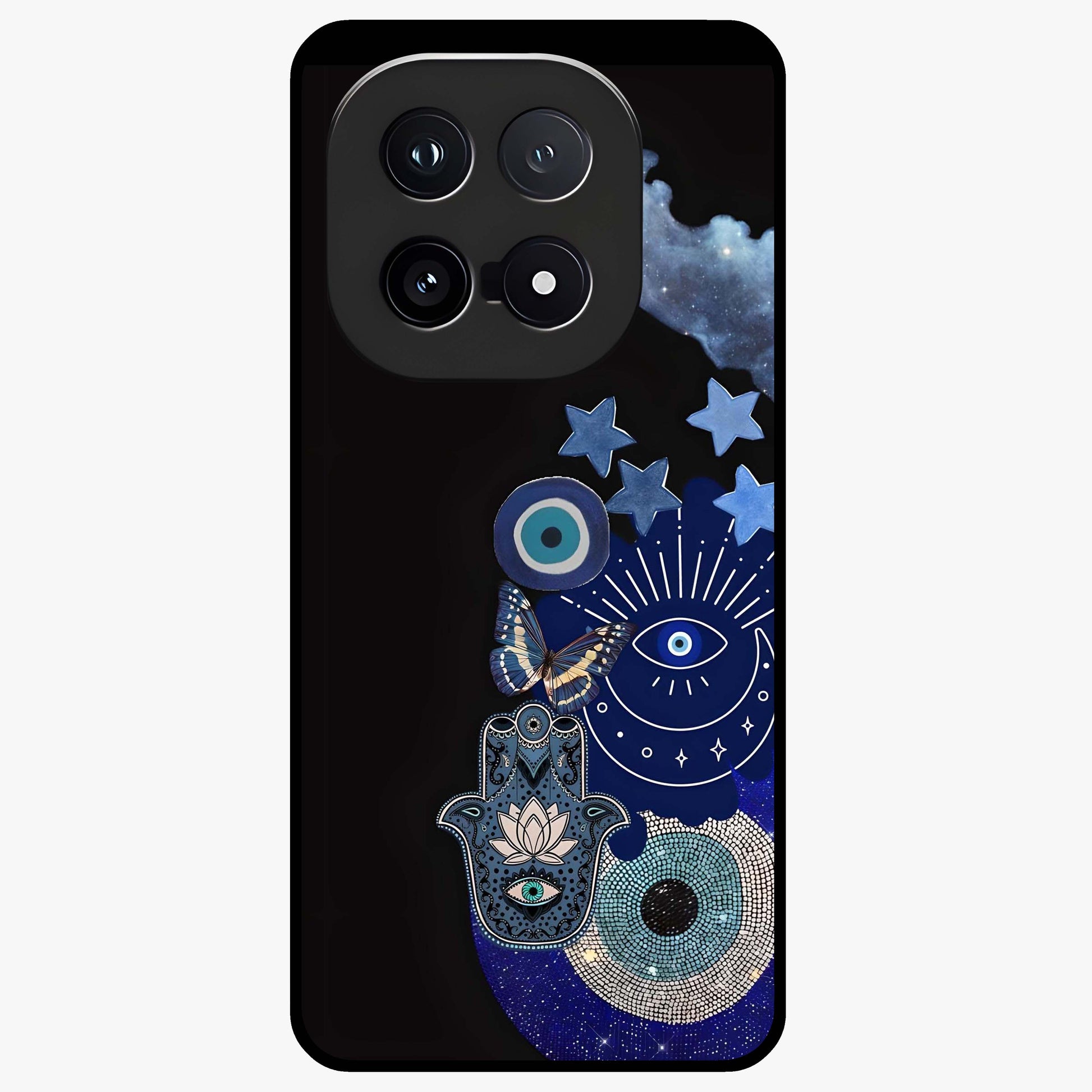 Galactic Charm Cluster Glass Case showing flat back view with glowing celestial charm artwork and glossy glass finish.