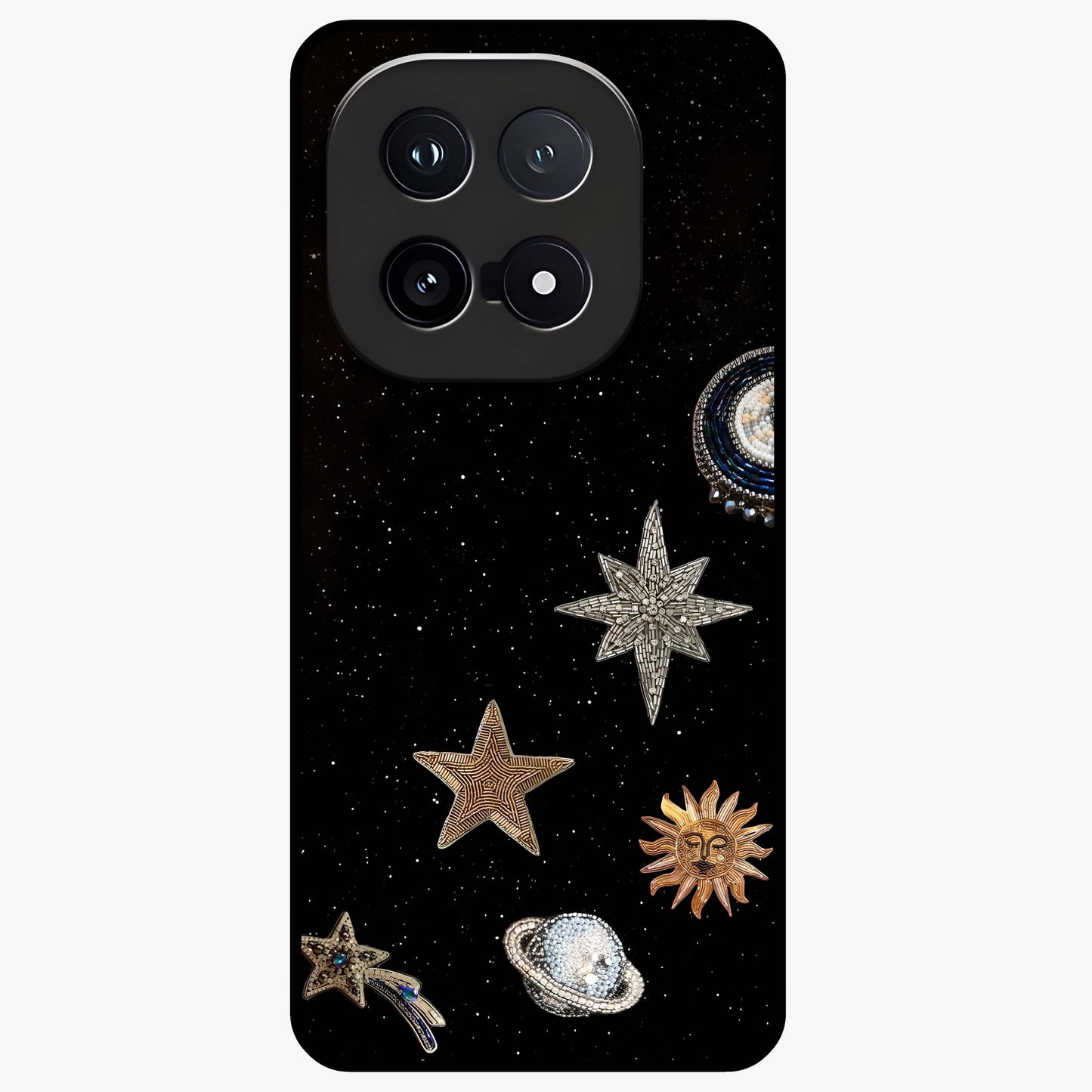 Galactic Charm Glow Glass Case showing flat back view with glowing celestial charm artwork and glossy glass finish.