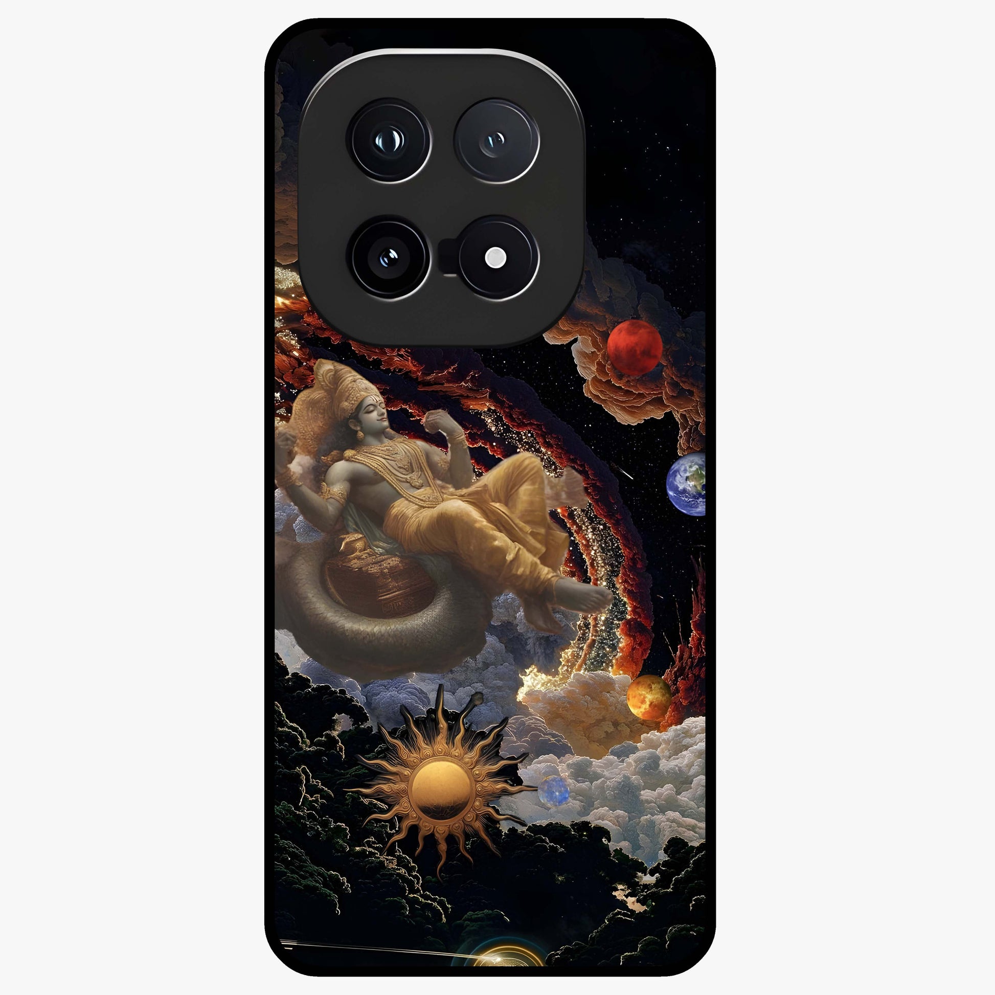 Galactic Divine God Glass Case showing flat back view with divine cosmic themed artwork and glossy glass finish.