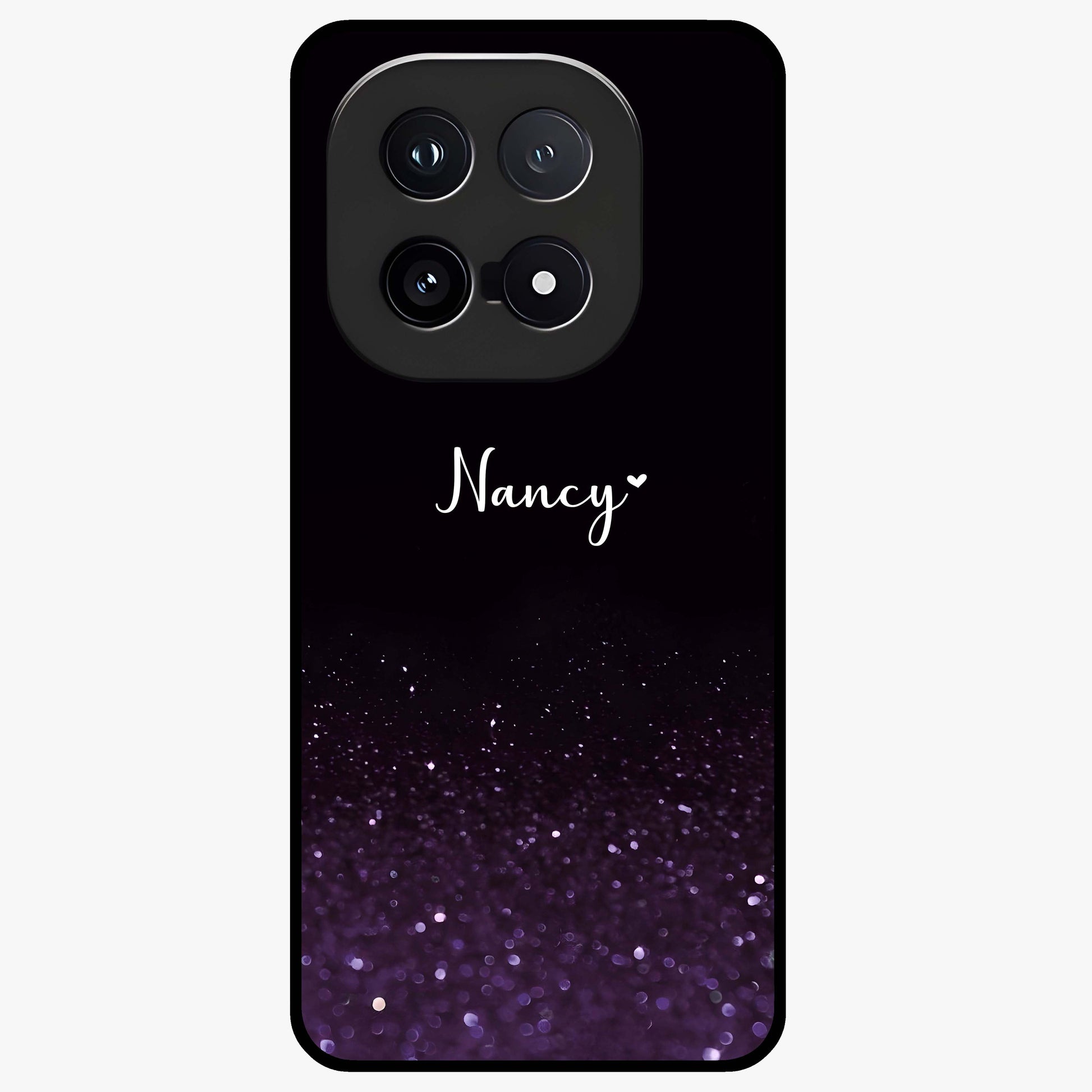Glittery Purple Bokeh Custom Name Glass Case showing flat back view with purple bokeh sparkle artwork and personalized name design.