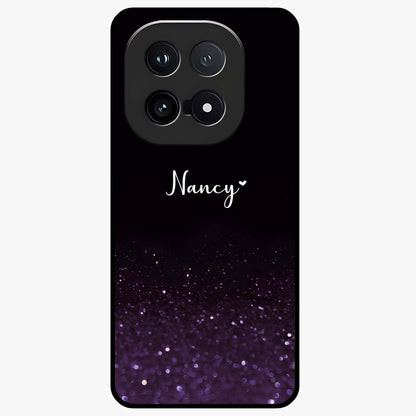Glittery Purple Bokeh Custom Name Glass Case showing flat back view with purple bokeh sparkle artwork and personalized name design.