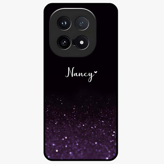 Glittery Purple Bokeh Custom Name Glass Case showing flat back view with purple bokeh sparkle artwork and personalized name design.