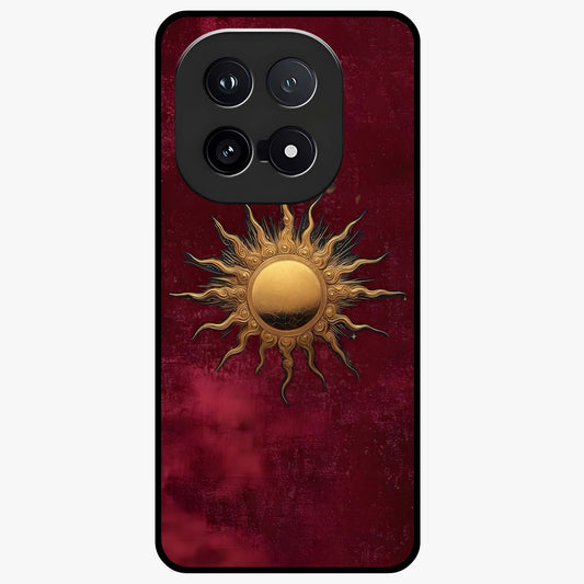 Gold Sun Blush Glass Case showing flat back view with golden sun inspired artwork and glossy glass finish.