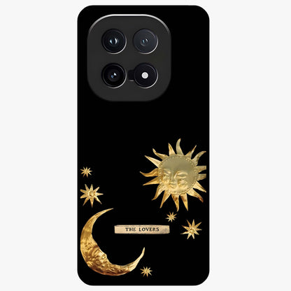 Golden Celestial Charm Glass Case showing flat back view with golden celestial charm artwork and glossy glass finish.