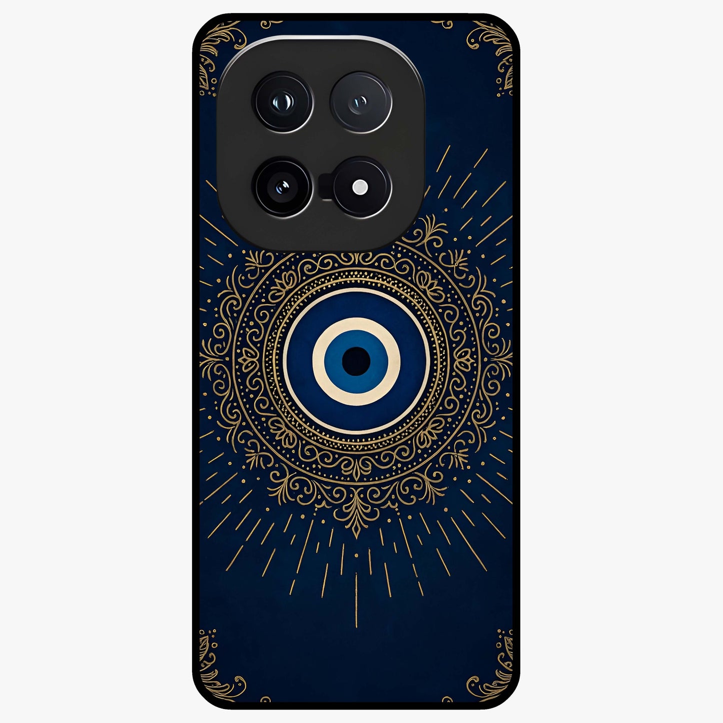 Golden Evil Eye Mandala Glass Case showing flat back view with intricate evil eye mandala artwork and glossy glass finish.