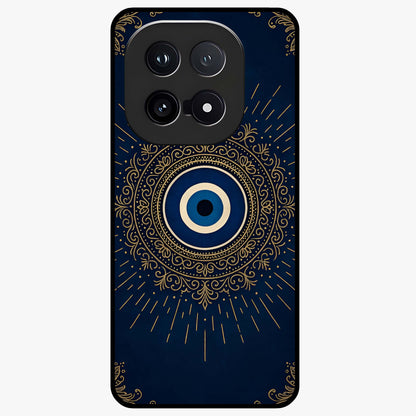 Golden Evil Eye Mandala Glass Case showing flat back view with intricate evil eye mandala artwork and glossy glass finish.