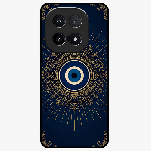 Golden Evil Eye Mandala Glass Case showing flat back view with intricate evil eye mandala artwork and glossy glass finish.