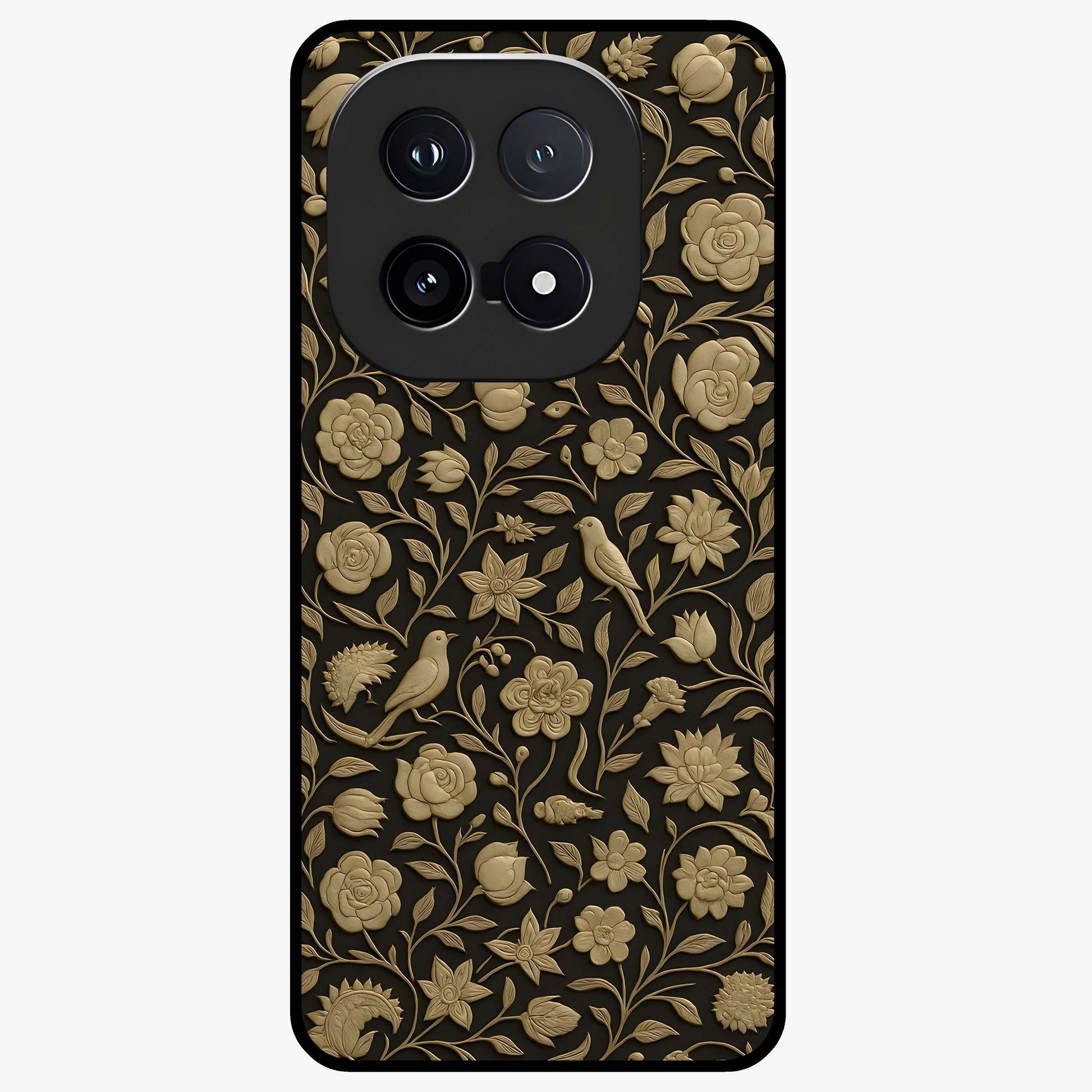 Golden Floral Majesty Glass Case showing flat back view with luxurious golden floral artwork and glossy glass finish.