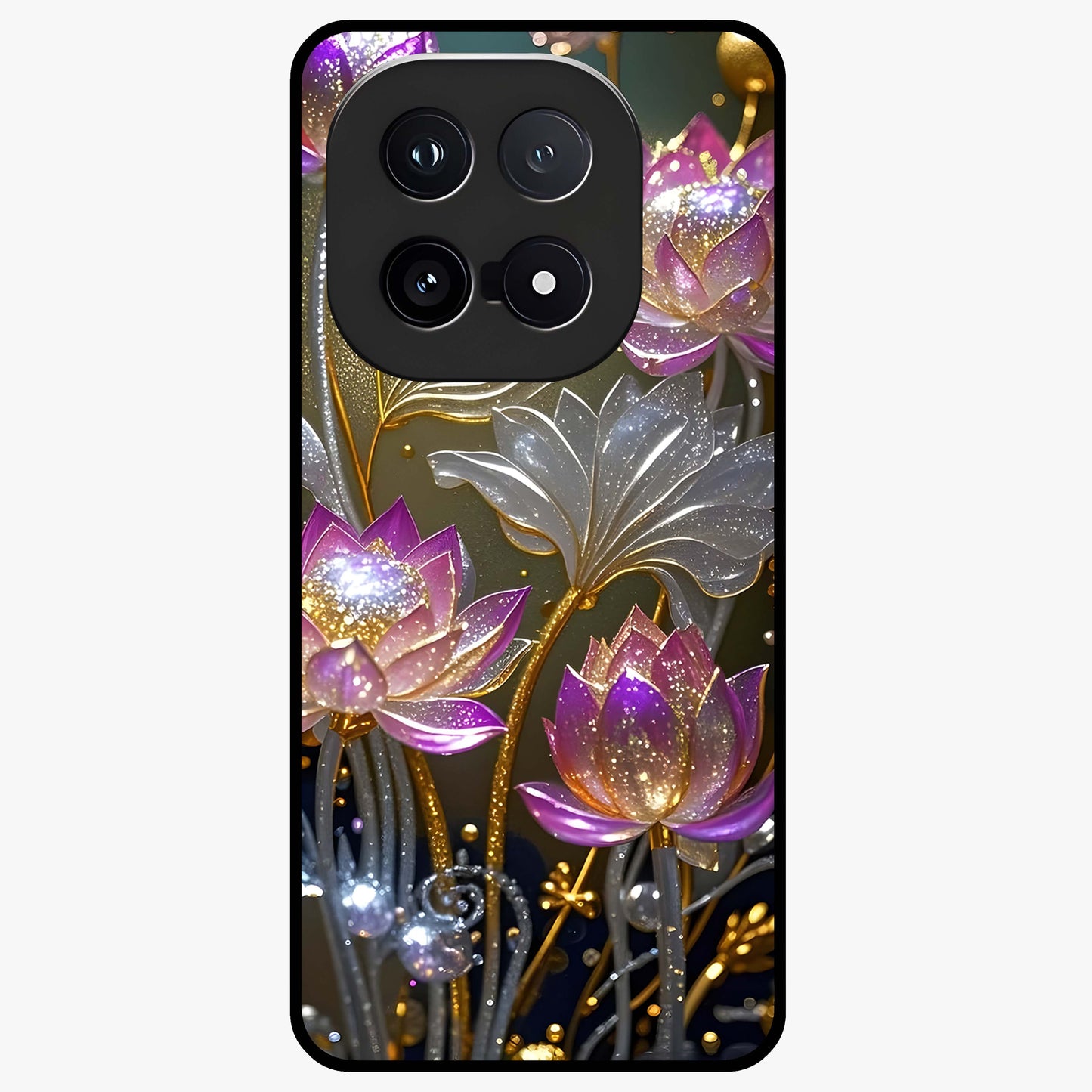 Golden Lotus Glow Glass Case showing flat back view with glowing lotus flower artwork and glossy glass finish.