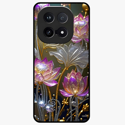 Golden Lotus Glow Glass Case showing flat back view with glowing lotus flower artwork and glossy glass finish.