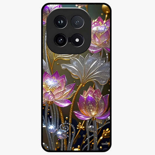 Golden Lotus Glow Glass Case showing flat back view with glowing lotus flower artwork and glossy glass finish.