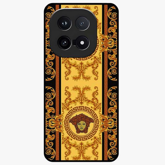 Golden Royal Heritage Glass Case showing flat back view with ornate royal pattern artwork and glossy glass finish.