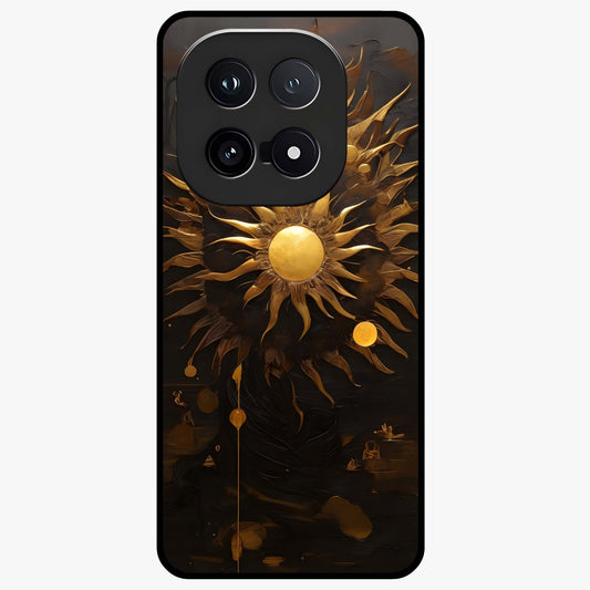 Golden Sun Majesty Glass Case showing flat back view with radiant golden sun artwork and glossy glass finish.