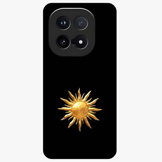 Golden Sun Minimalism Glass Case showing flat back view with minimal golden sun artwork and glossy glass finish.
