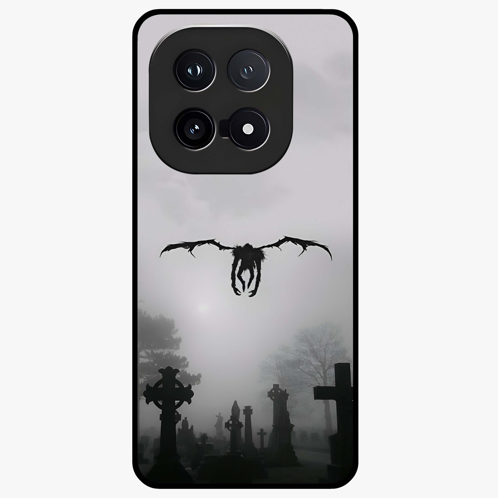 Graveyard Shadow Descent Glass Case showing flat back view with dark graveyard themed artwork and glossy glass finish.