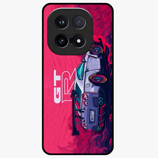 GT-R Car Pattern Glass Case showing flat back view with sporty car inspired pattern artwork and glossy glass finish.