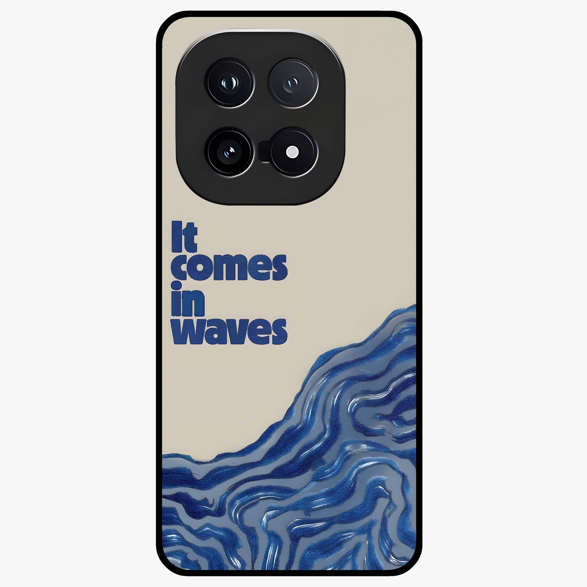 It Comes In Waves Quote Glass Case showing flat back view with inspirational wave themed quote artwork and glossy glass finish.