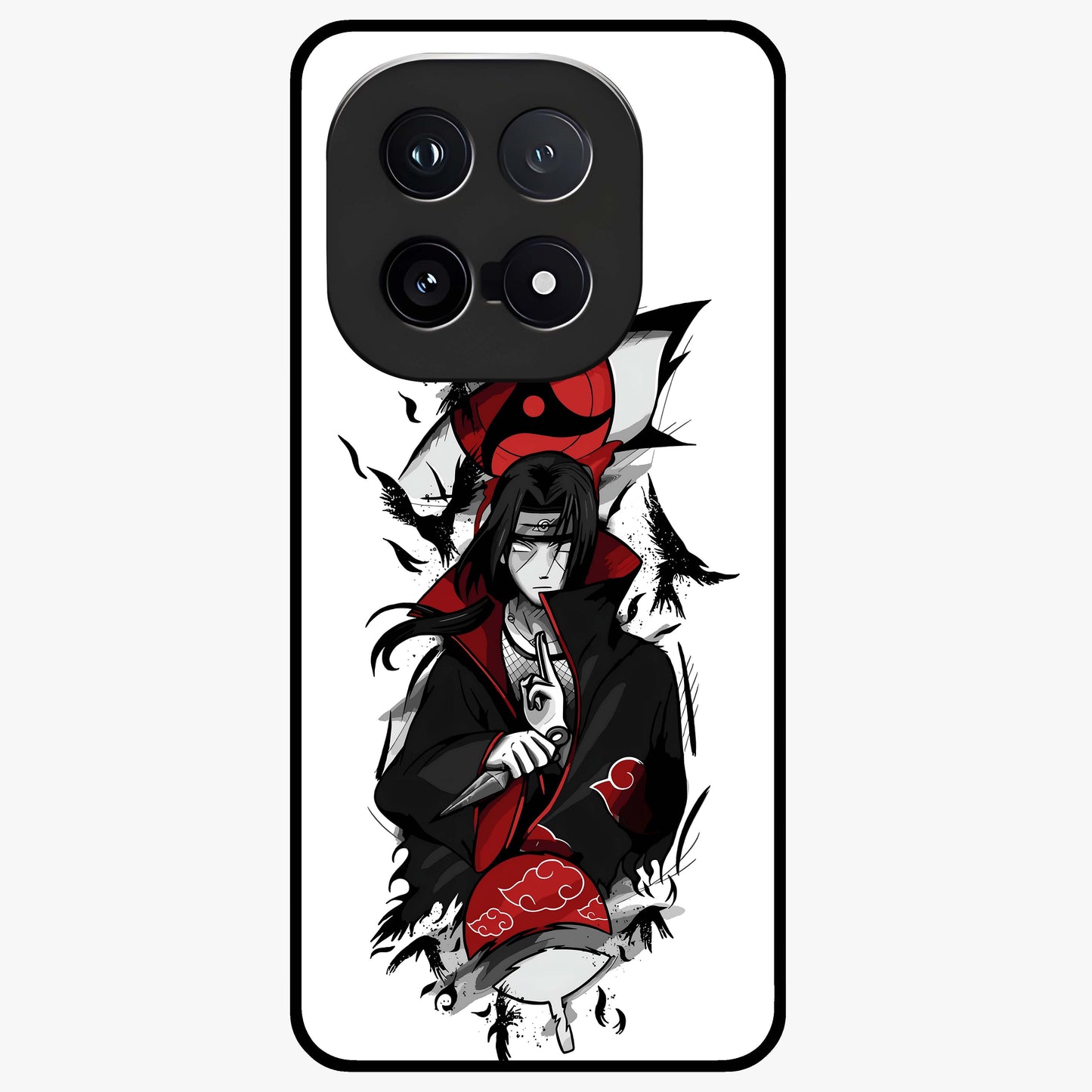 Itachi Sharingan Glass Case showing flat back view with powerful anime eye artwork and glossy glass finish.