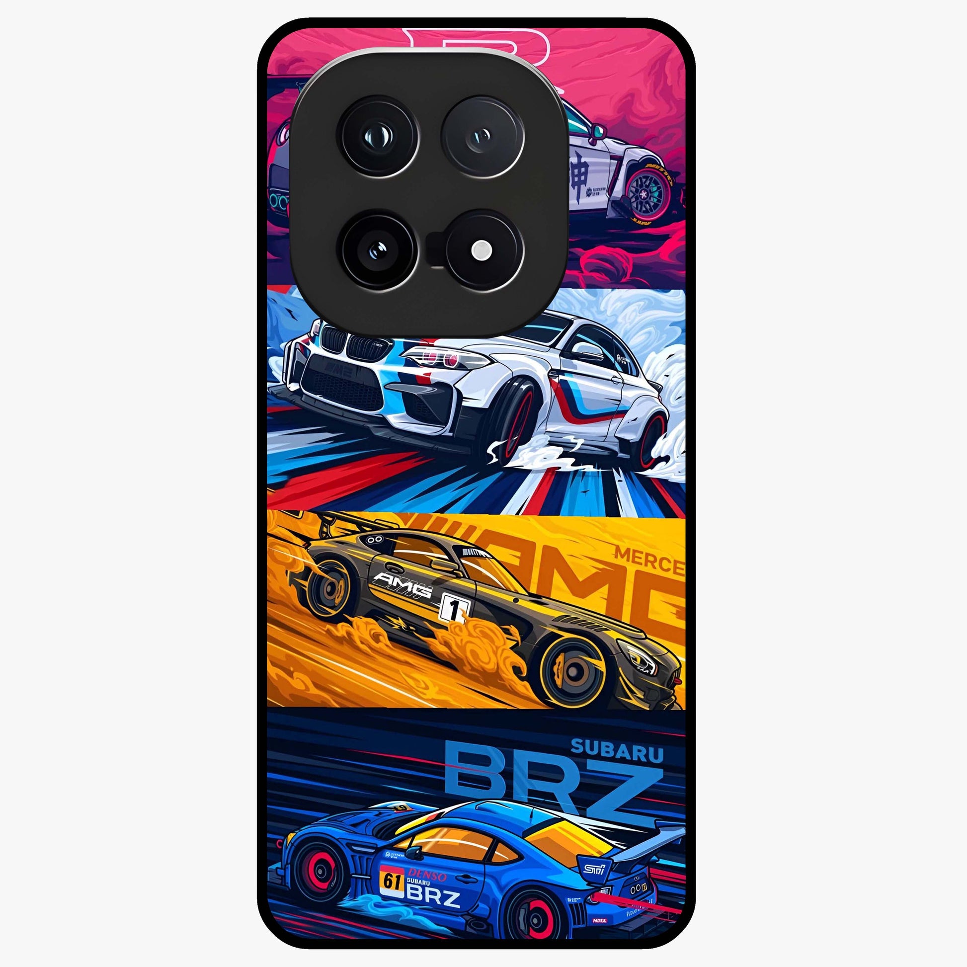 JDM Sports Car Glass Case showing flat back view with high performance sports car artwork and glossy glass finish.