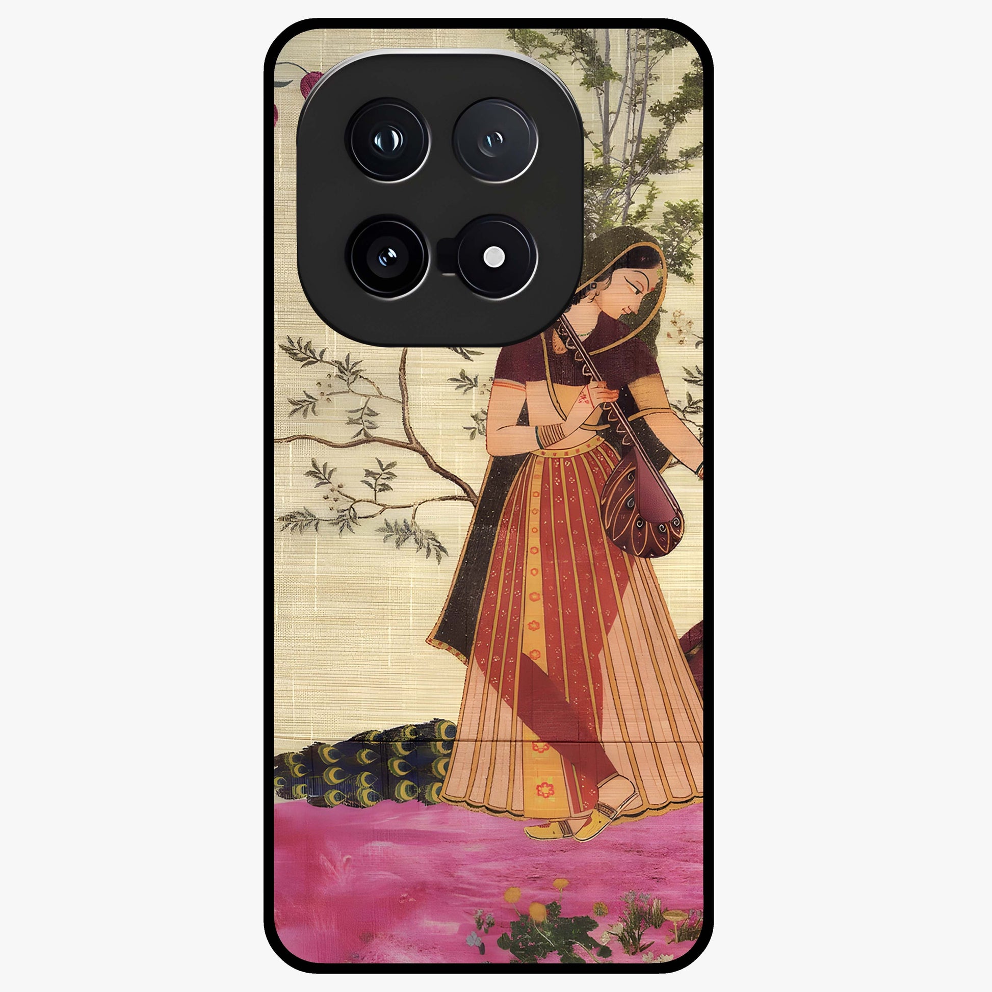 Lady With Veena Art Glass Case showing flat back view with elegant woman playing veena artwork and glossy glass finish.