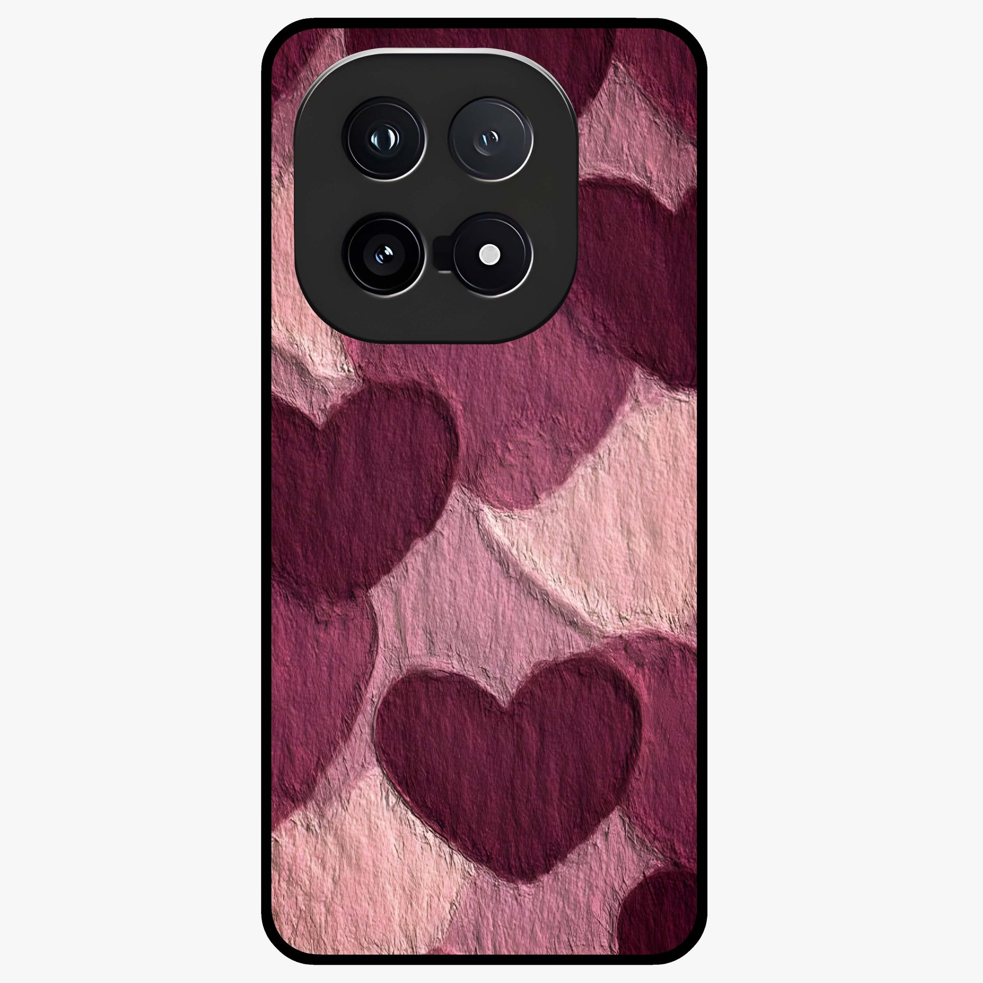 Layered Paper Hearts Glass Case showing flat back view with layered paper heart artwork and glossy glass finish.