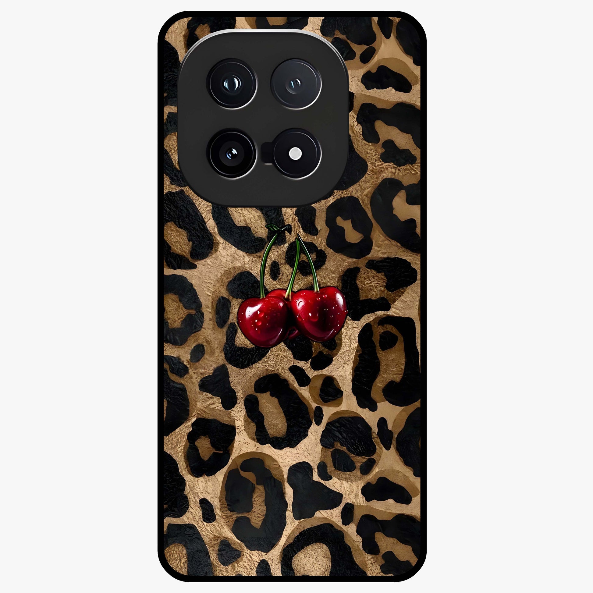 Leopard Wild Cherry Glass Case showing flat back view with leopard pattern and cherry artwork and glossy glass finish.