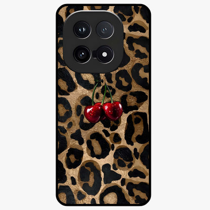 Leopard Wild Cherry Glass Case showing flat back view with leopard pattern and cherry artwork and glossy glass finish.