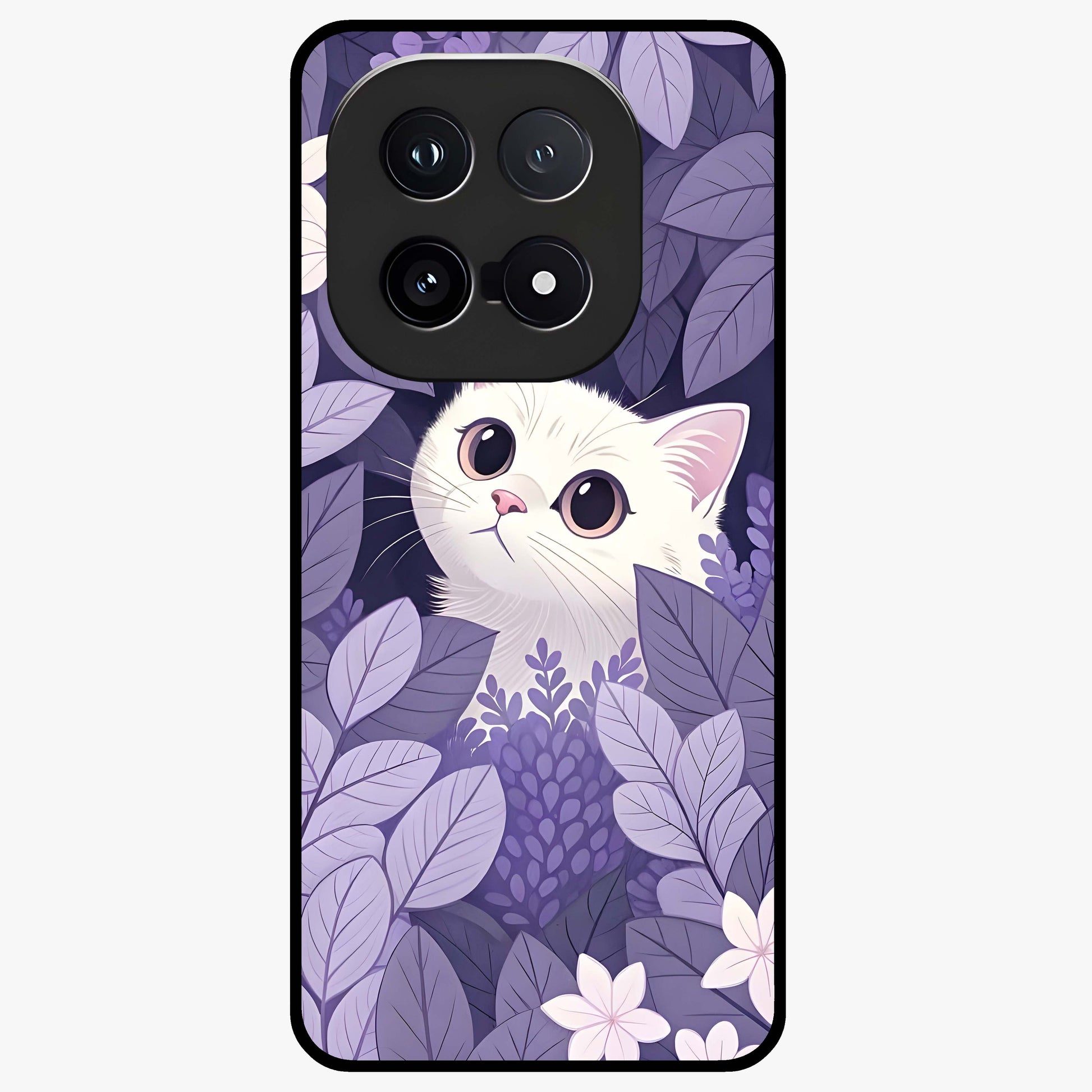 Lilac Hide Peek Cat Glass Case showing flat back view with cute peeking cat artwork and glossy glass finish.