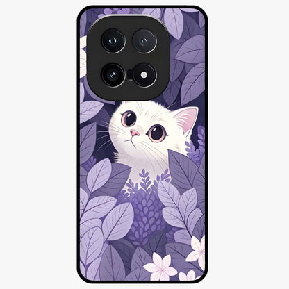 Lilac Hide Peek Cat Glass Case showing flat back view with cute peeking cat artwork and glossy glass finish.
