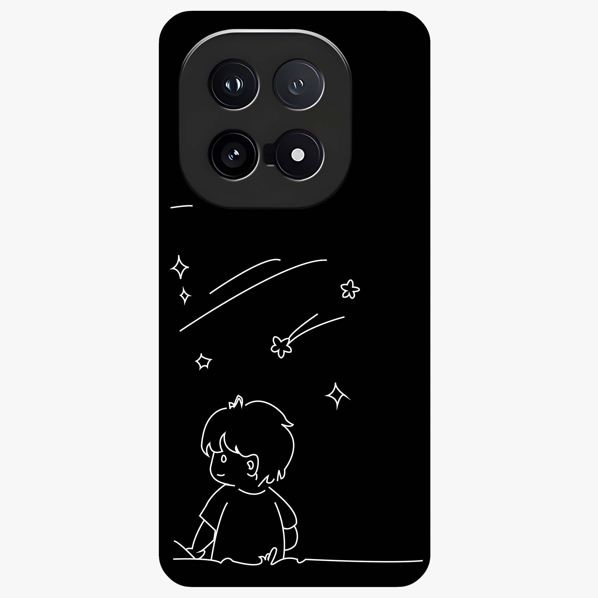 Line Art Boy With Shooting Stars Glass Case showing flat back view with minimal line art boy and shooting stars illustration and glossy glass finish.