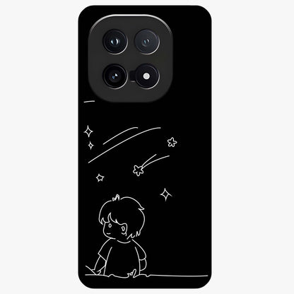 Line Art Boy With Shooting Stars Glass Case showing flat back view with minimal line art boy and shooting stars illustration and glossy glass finish.