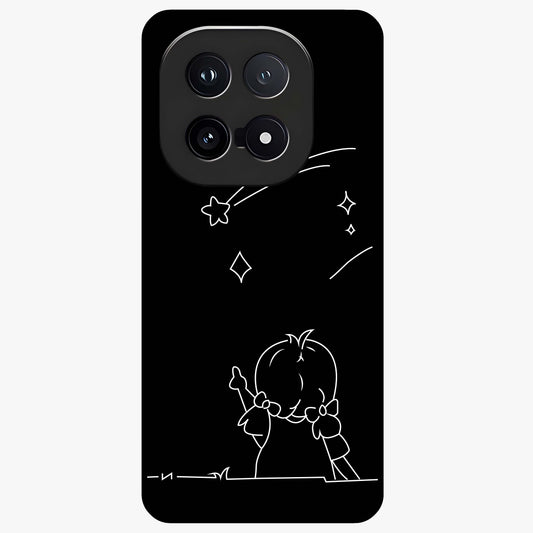 Line Art Girl With Shooting Stars Glass Case showing flat back view with minimal line art girl and shooting stars illustration and glossy glass finish.