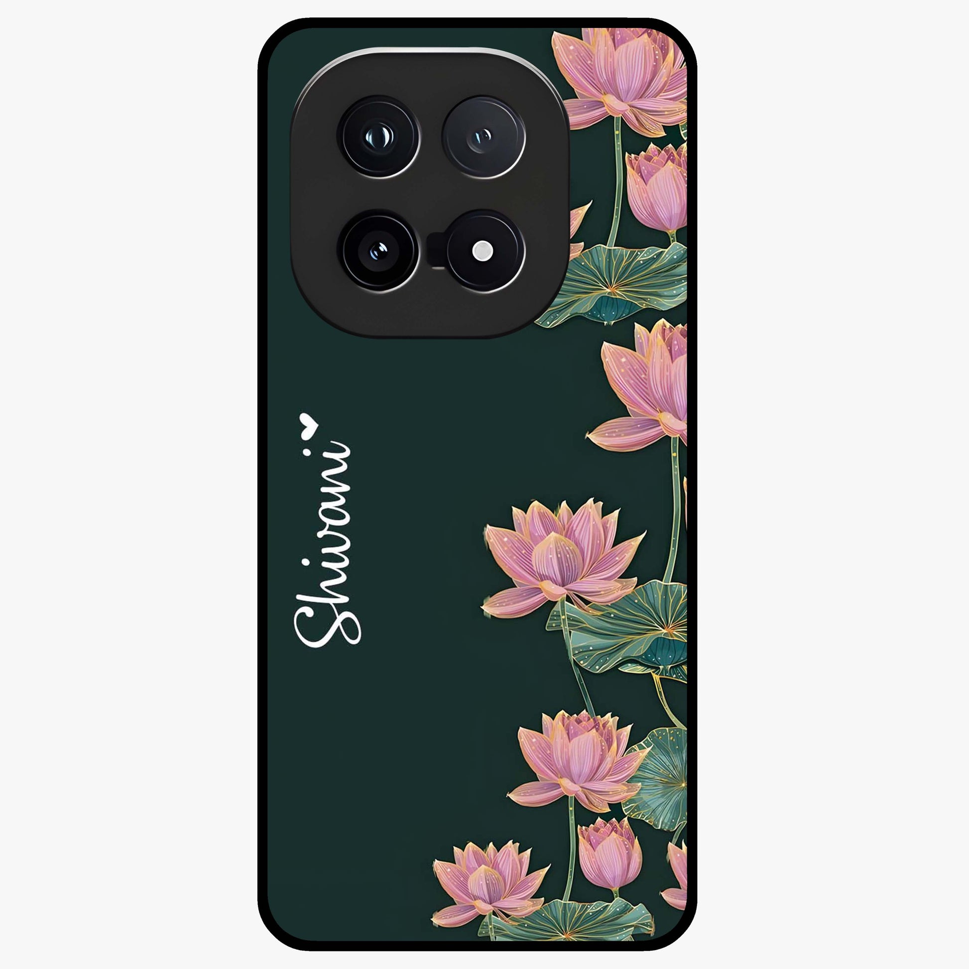 Lotus Bloom Serenity Custom Name Glass Case showing flat back view with elegant lotus flower artwork and personalized name design.