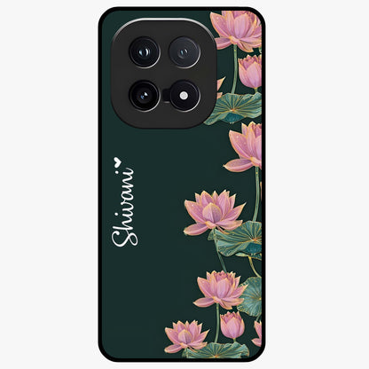 Lotus Bloom Serenity Custom Name Glass Case showing flat back view with elegant lotus flower artwork and personalized name design.