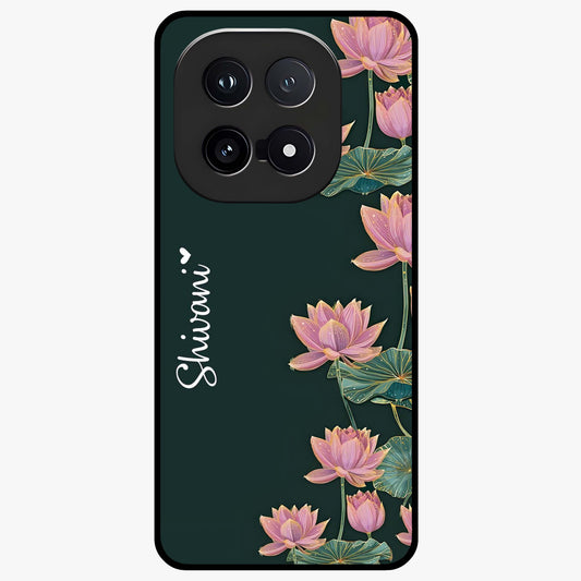 Lotus Bloom Serenity Custom Name Glass Case showing flat back view with elegant lotus flower artwork and personalized name design.