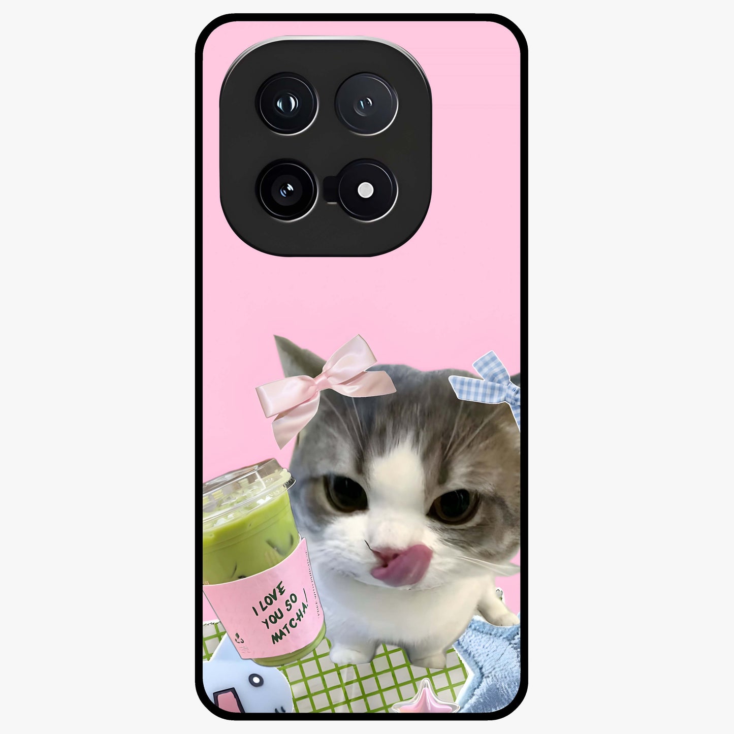 Love Matcha Cat Glass Case showing flat back view with cute cat and matcha themed artwork and glossy glass finish.