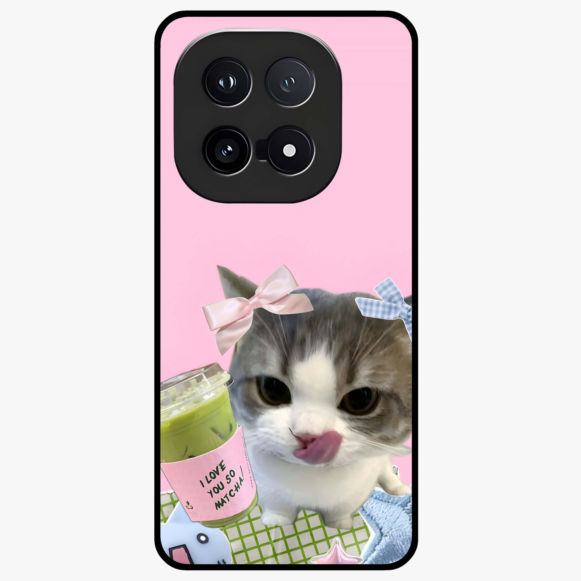 Love Matcha Cat Glass Case showing flat back view with cute cat and matcha themed artwork and glossy glass finish.