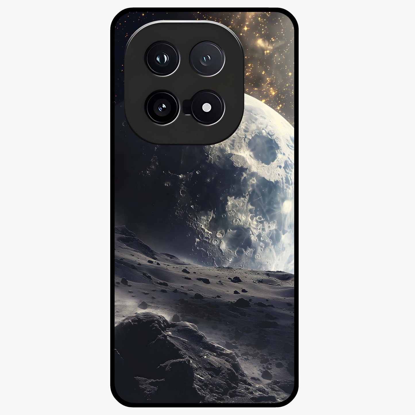 Lunar Horizon Glow Glass Case showing flat back view with glowing moon horizon artwork and glossy glass finish.