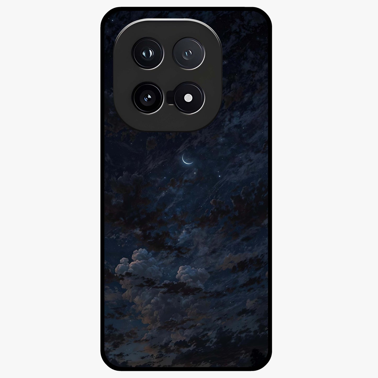 Lunar Veil Silence Glass Case showing flat back view with mystical moon veil artwork and glossy glass finish.