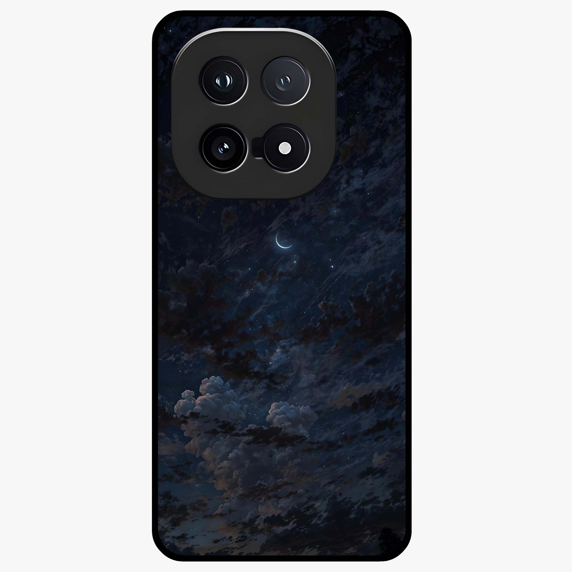 Lunar Veil Silence Glass Case showing flat back view with mystical moon veil artwork and glossy glass finish.