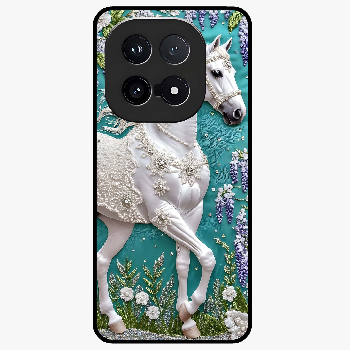 Majestic Floral Stallion Glass Case showing flat back view with powerful horse and floral artwork and glossy glass finish.