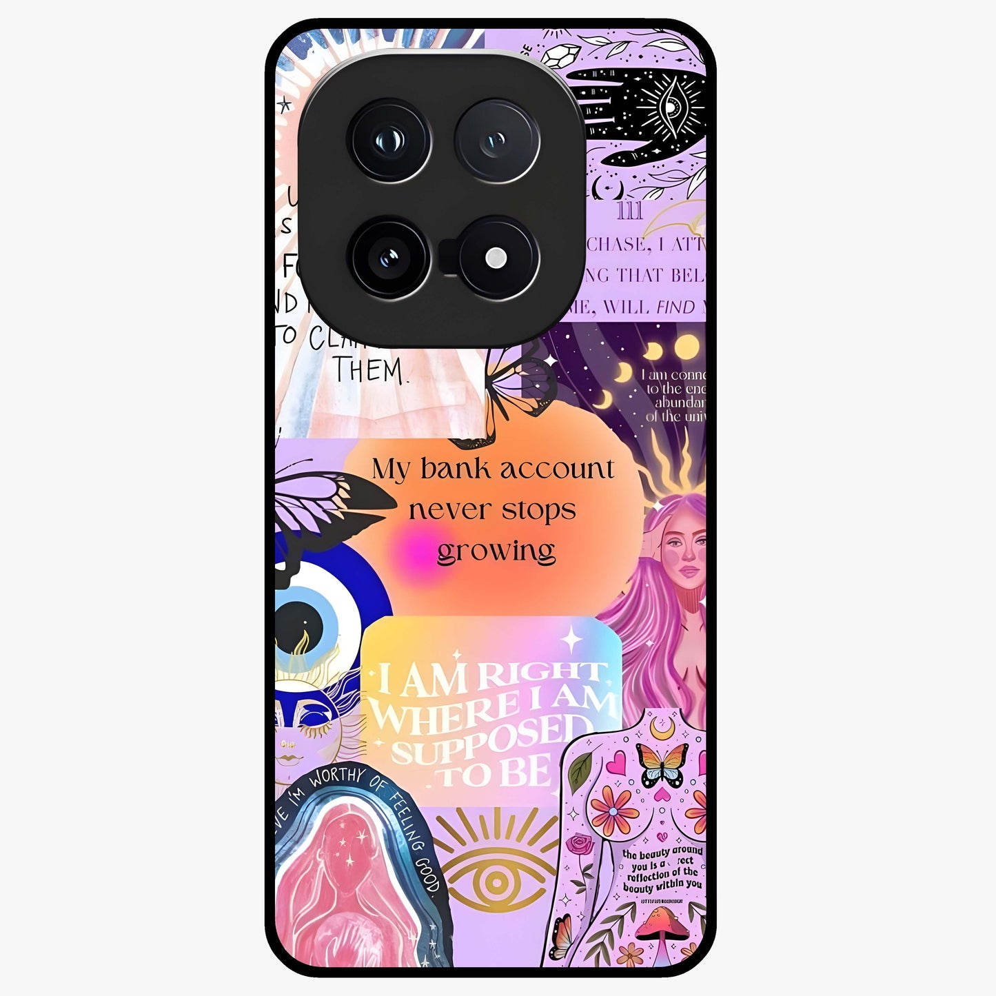 Manifestation Collage Glass Case showing flat back view with motivational collage artwork and glossy glass finish.