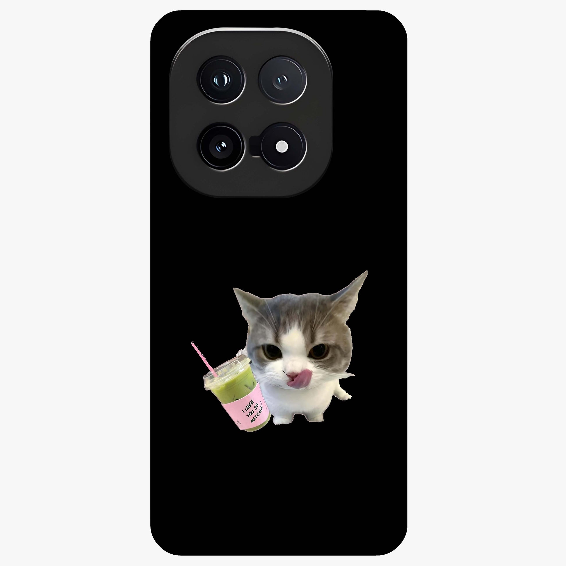 Matcha Cat Style Glass Case showing flat back view with cute matcha themed cat artwork and glossy glass finish.